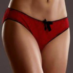 Erotické kalhotky z červené krajky s otevřeným rozkrokem a zad